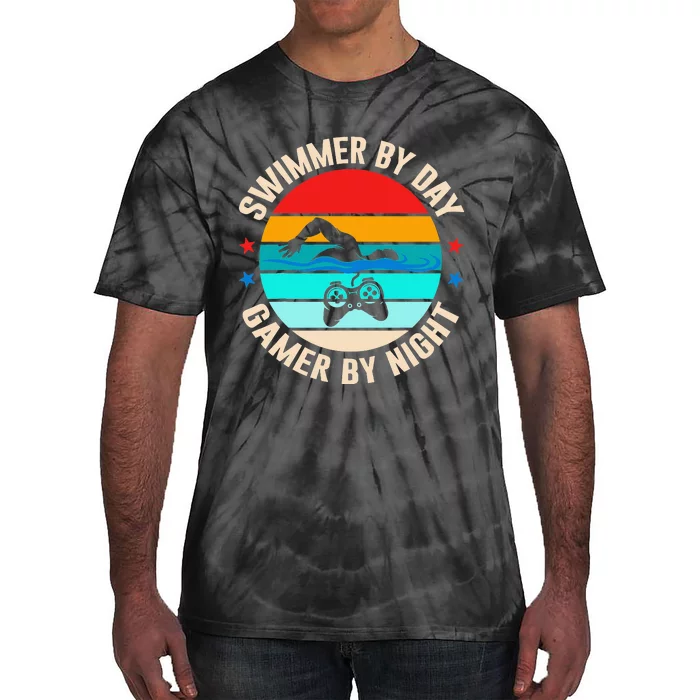 Swimming Swim Lover Gaming Swimmer By Day Gamer By Night Tie-Dye T-Shirt