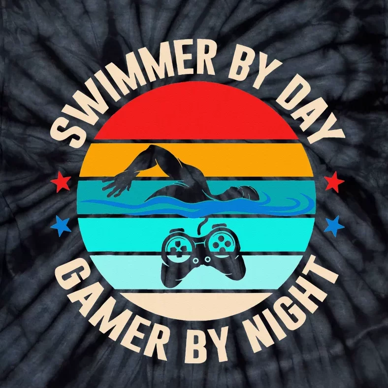 Swimming Swim Lover Gaming Swimmer By Day Gamer By Night Tie-Dye T-Shirt