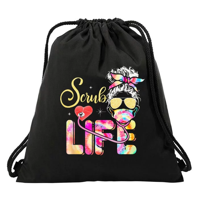 Stethoscope Scrub life nurse day Tie Dye Messy Bun Drawstring Bag