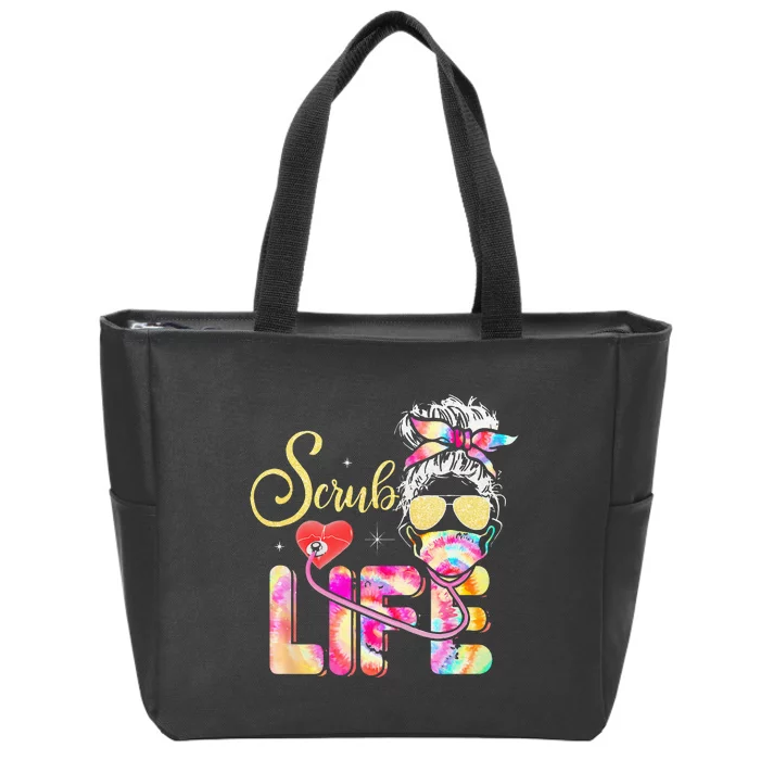 Stethoscope Scrub life nurse day Tie Dye Messy Bun Zip Tote Bag