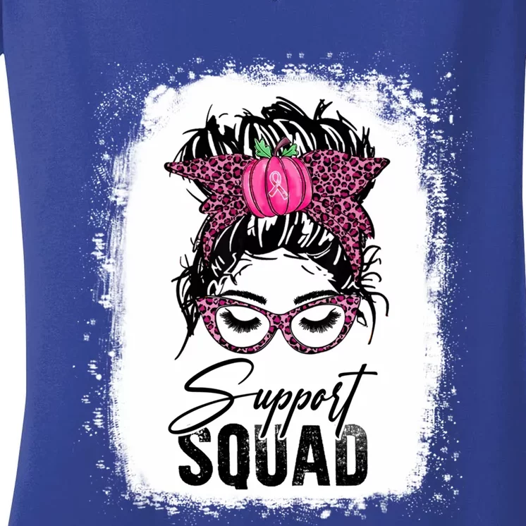 Support Squad Messy Bun Pink Warrior Breast Cancer Awareness Gift Women's V-Neck T-Shirt