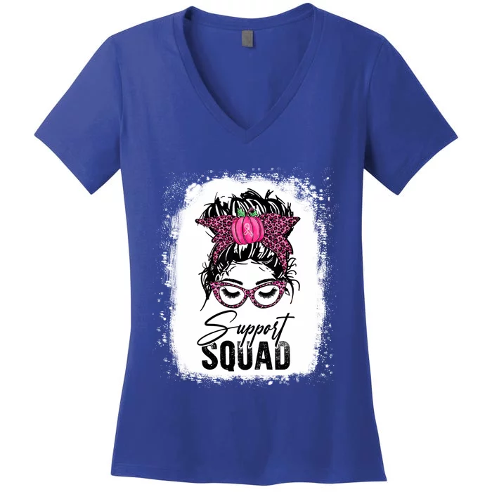 Support Squad Messy Bun Pink Warrior Breast Cancer Awareness Gift Women's V-Neck T-Shirt