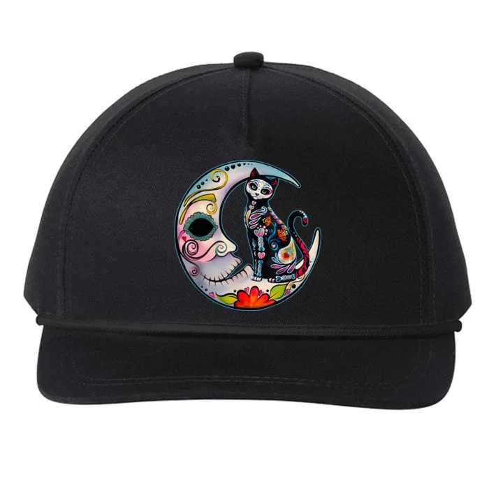 Sugar Skull Moon Cat Mexican Day Of Dead Dia De Los Muertos Snapback Five-Panel Rope Hat