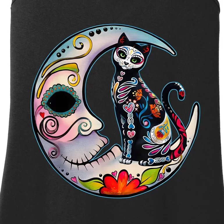 Sugar Skull Moon Cat Mexican Day Of Dead Dia De Los Muertos Ladies Essential Tank