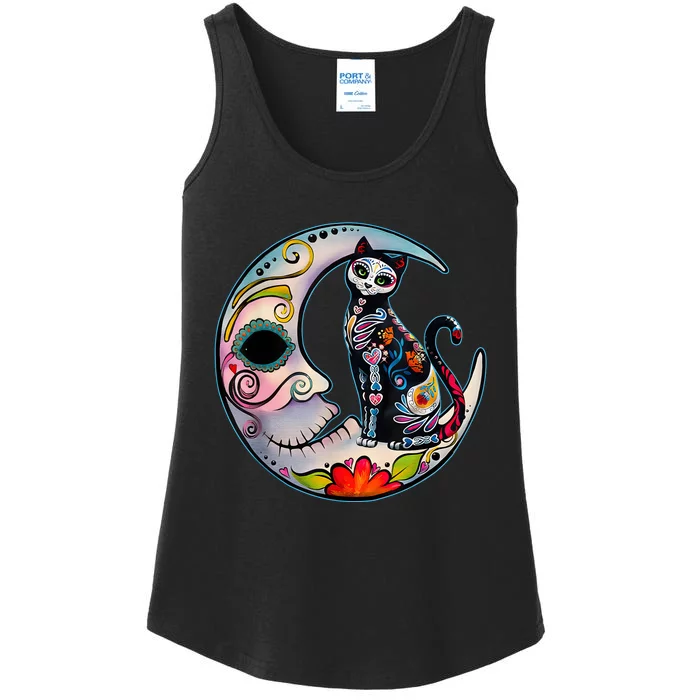 Sugar Skull Moon Cat Mexican Day Of Dead Dia De Los Muertos Ladies Essential Tank