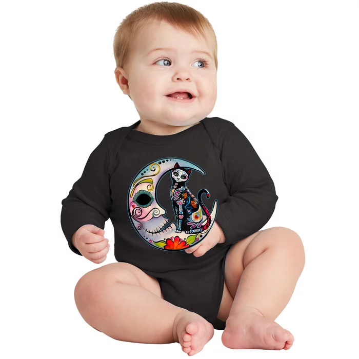 Sugar Skull Moon Cat Mexican Day Of Dead Dia De Los Muertos Baby Long Sleeve Bodysuit