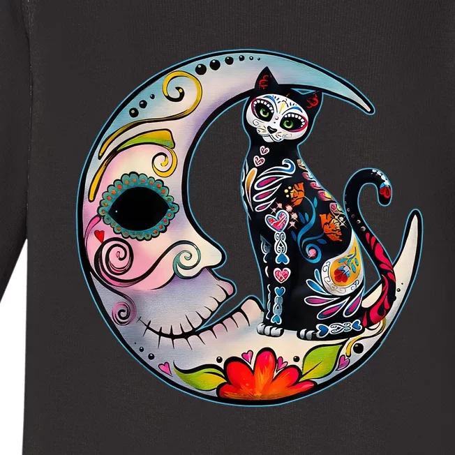 Sugar Skull Moon Cat Mexican Day Of Dead Dia De Los Muertos Baby Long Sleeve Bodysuit