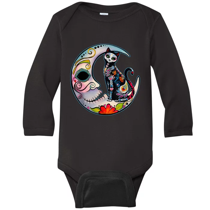 Sugar Skull Moon Cat Mexican Day Of Dead Dia De Los Muertos Baby Long Sleeve Bodysuit