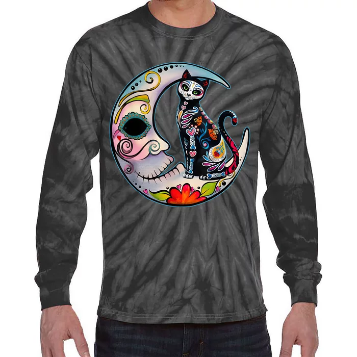 Sugar Skull Moon Cat Mexican Day Of Dead Dia De Los Muertos Tie-Dye Long Sleeve Shirt