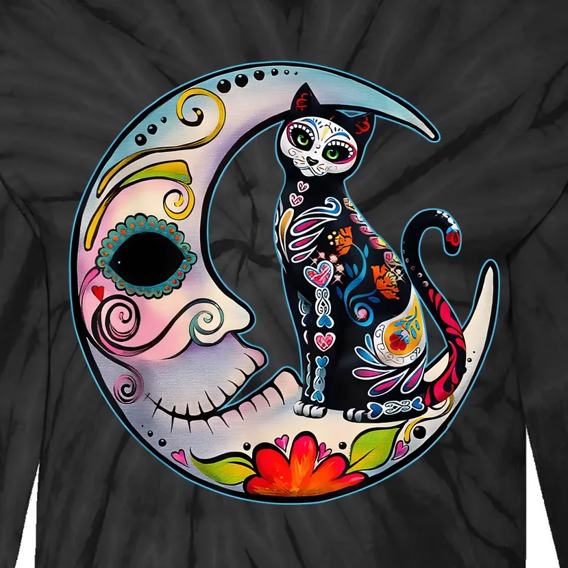 Sugar Skull Moon Cat Mexican Day Of Dead Dia De Los Muertos Tie-Dye Long Sleeve Shirt