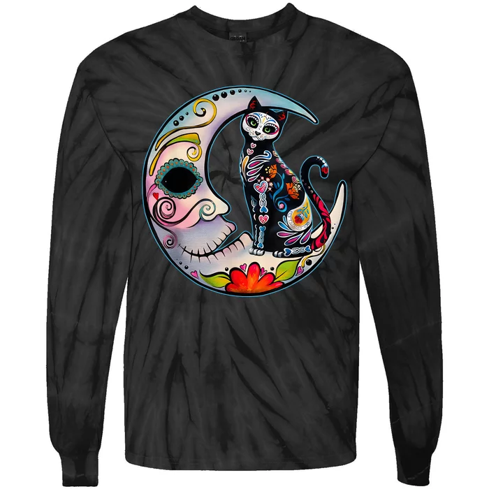 Sugar Skull Moon Cat Mexican Day Of Dead Dia De Los Muertos Tie-Dye Long Sleeve Shirt