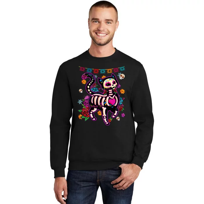 Sugar Skull Mexican Cat Bone Halloween Day Of Dead Sweatshirt