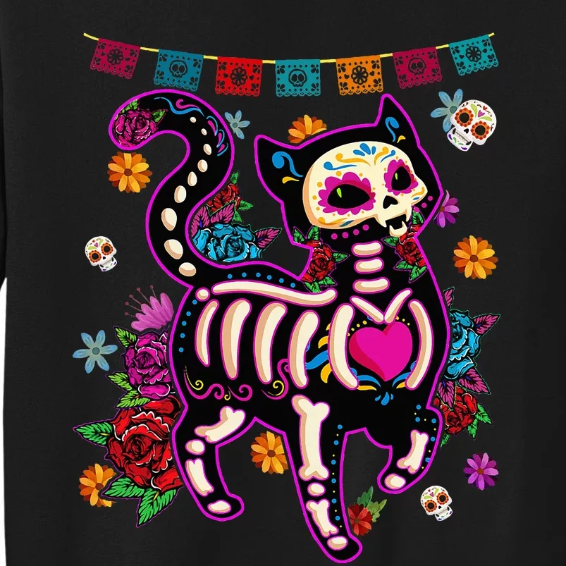 Sugar Skull Mexican Cat Bone Halloween Day Of Dead Sweatshirt