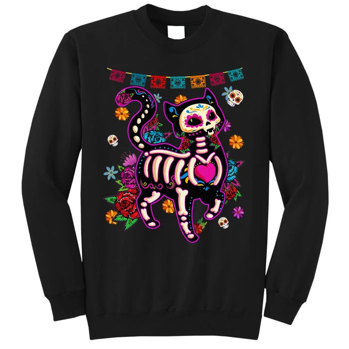 Sugar Skull Mexican Cat Bone Halloween Day Of Dead Sweatshirt