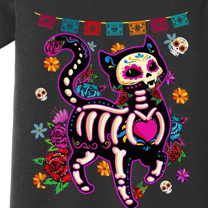 Sugar Skull Mexican Cat Bone Halloween Day Of Dead Baby Bodysuit