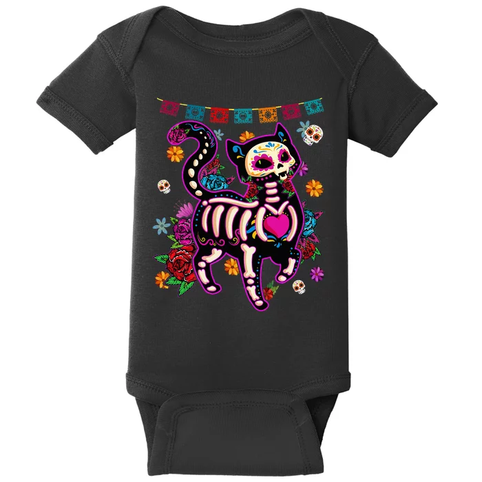 Sugar Skull Mexican Cat Bone Halloween Day Of Dead Baby Bodysuit