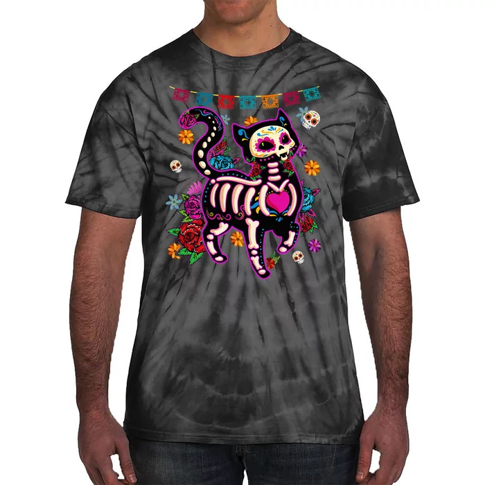 Sugar Skull Mexican Cat Bone Halloween Day Of Dead Tie-Dye T-Shirt