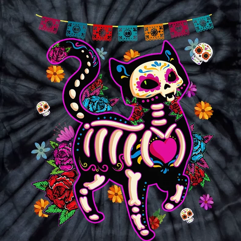 Sugar Skull Mexican Cat Bone Halloween Day Of Dead Tie-Dye T-Shirt