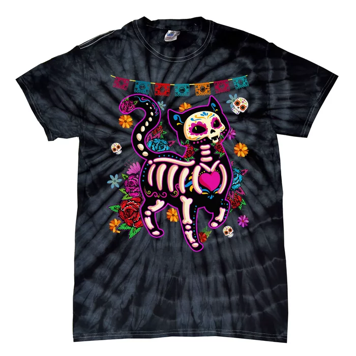 Sugar Skull Mexican Cat Bone Halloween Day Of Dead Tie-Dye T-Shirt