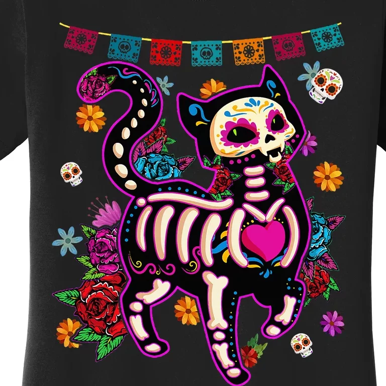 Sugar Skull Mexican Cat Bone Halloween Day Of Dead Women's T-Shirt