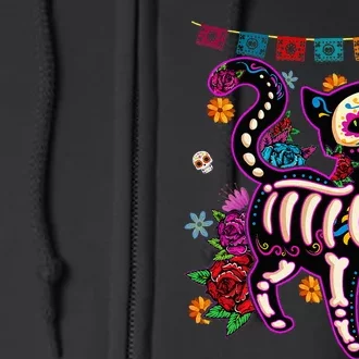 Sugar Skull Mexican Cat Bone Halloween Day Of Dead Full Zip Hoodie