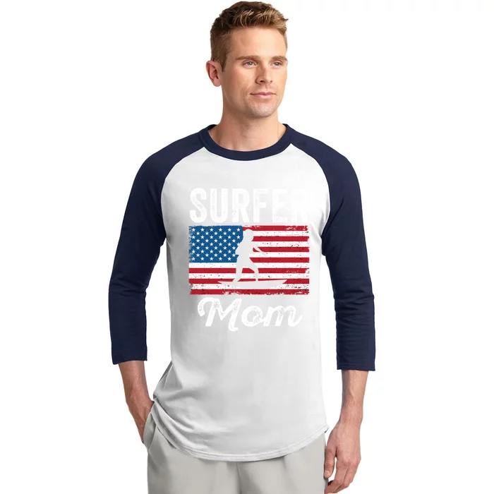 Surfer Surf Mom American Flag Funny Surfing Surfboard Cute Gift Baseball Sleeve Shirt