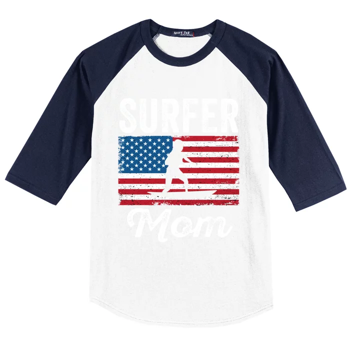 Surfer Surf Mom American Flag Funny Surfing Surfboard Cute Gift Baseball Sleeve Shirt