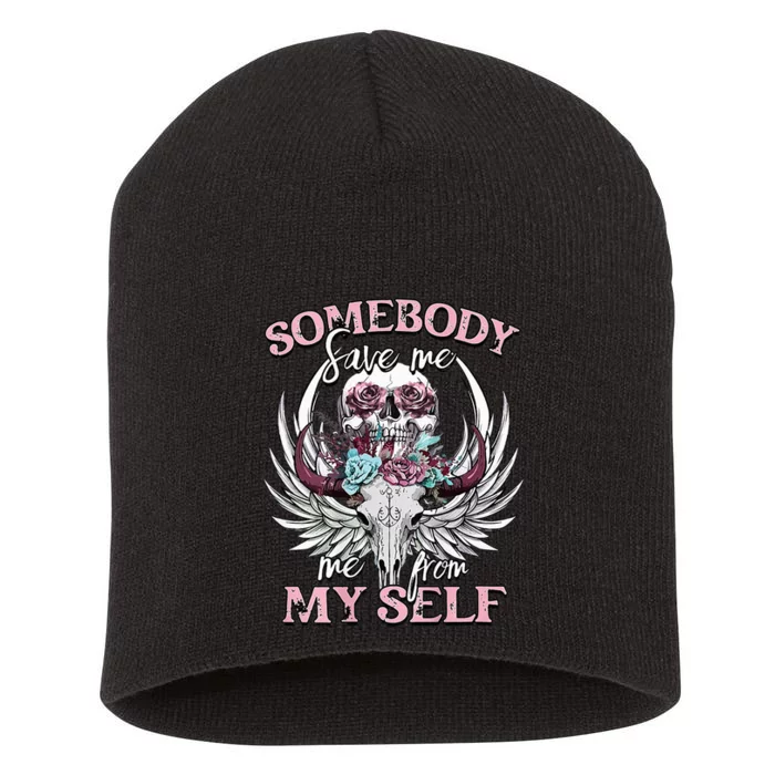 Somebody Save Me From Myself Floral Skull Short Acrylic Beanie