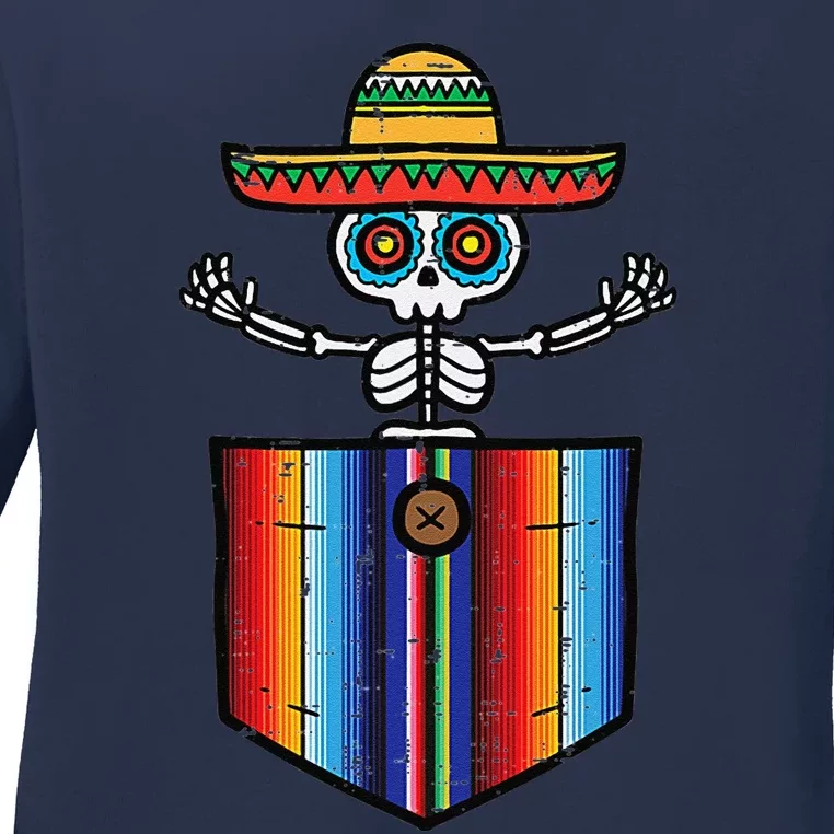 Serape Skeleton Mariachi Pocket Cinco De Mayo Mexican Party Ladies Long Sleeve Shirt