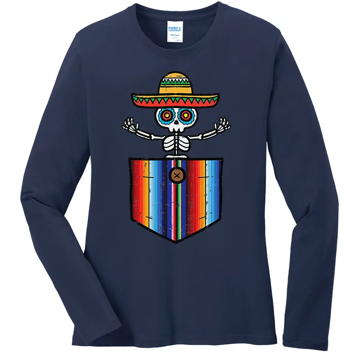 Serape Skeleton Mariachi Pocket Cinco De Mayo Mexican Party Ladies Long Sleeve Shirt