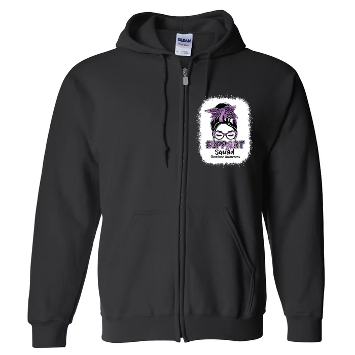 Support Squad Messy Bun Purple Ribbon Overdose Awareness Full Zip Hoodie