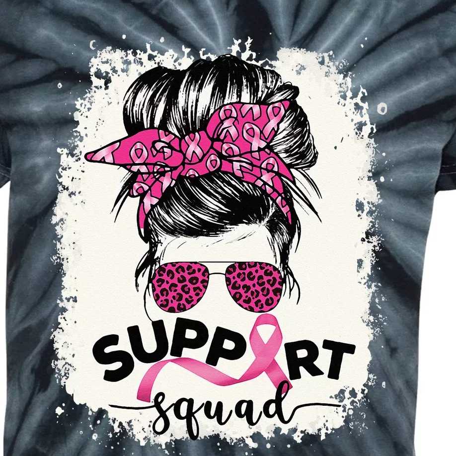 Support Squad Messy Bun Breast Cancer Awareness Pink Warrior Kids Tie-Dye T-Shirt