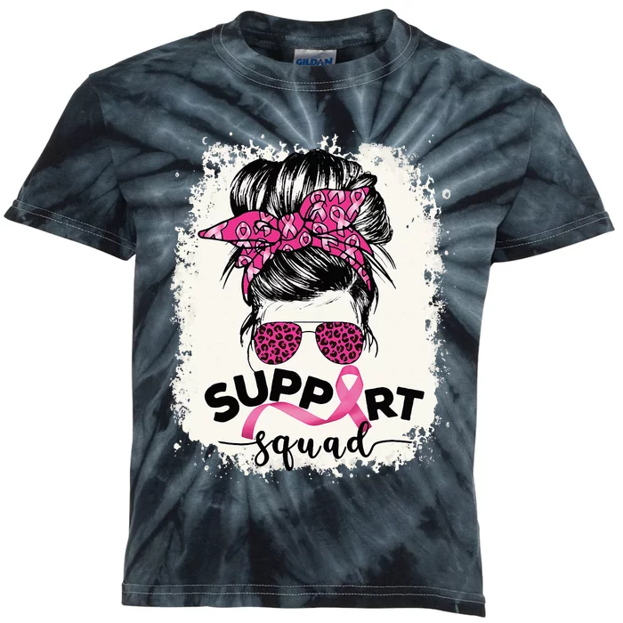 Support Squad Messy Bun Breast Cancer Awareness Pink Warrior Kids Tie-Dye T-Shirt