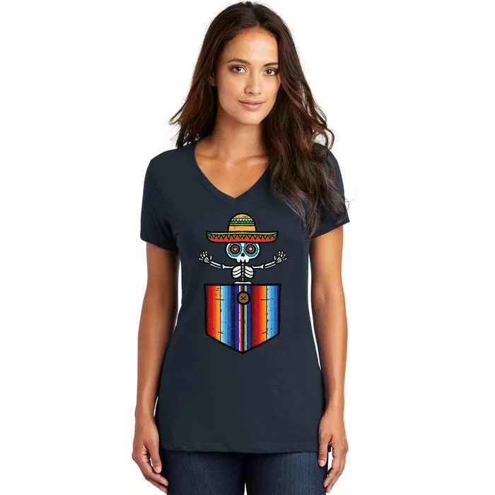 Serape Skeleton Mariachi Pocket Cinco De Mayo Mexican Party Women's V-Neck T-Shirt