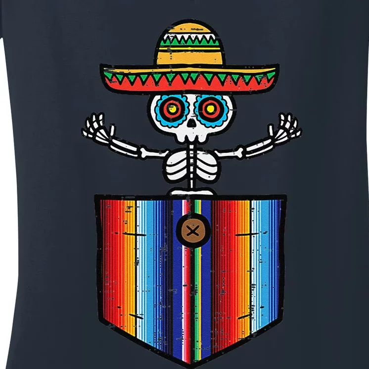 Serape Skeleton Mariachi Pocket Cinco De Mayo Mexican Party Women's V-Neck T-Shirt