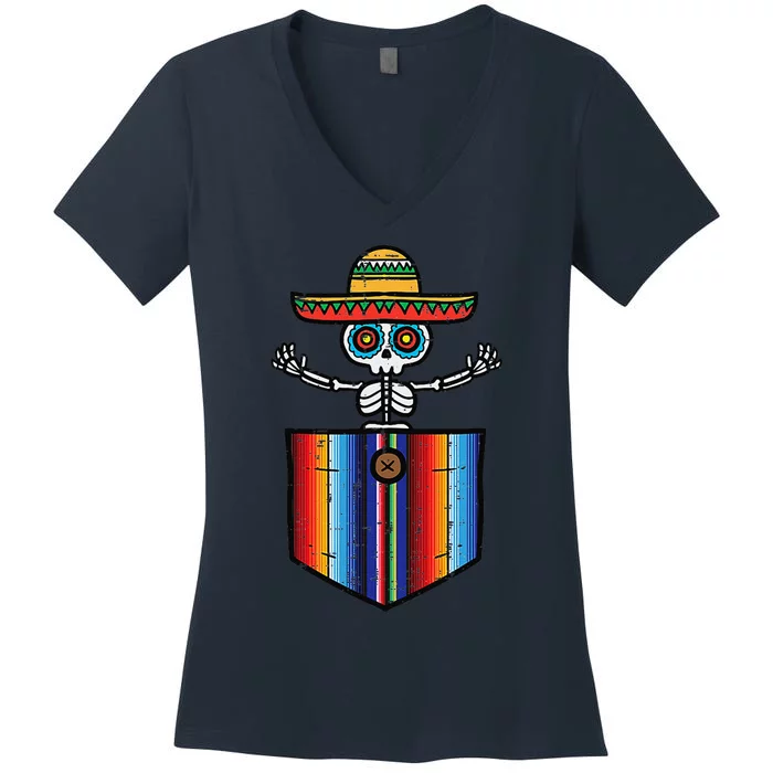 Serape Skeleton Mariachi Pocket Cinco De Mayo Mexican Party Women's V-Neck T-Shirt