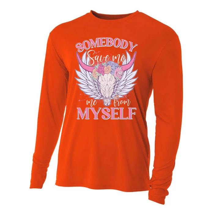 Somebody Save Me Me From Myself Vintage Boho Cow Skull Cooling Performance Long Sleeve Crew