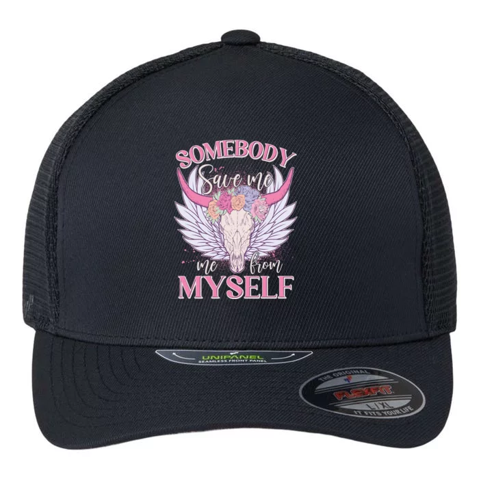 Somebody Save Me Me From Myself Vintage Boho Cow Skull Flexfit Unipanel Trucker Cap