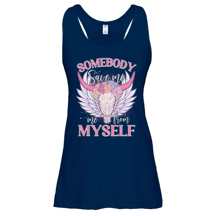 Somebody Save Me Me From Myself Vintage Boho Cow Skull Ladies Essential Flowy Tank