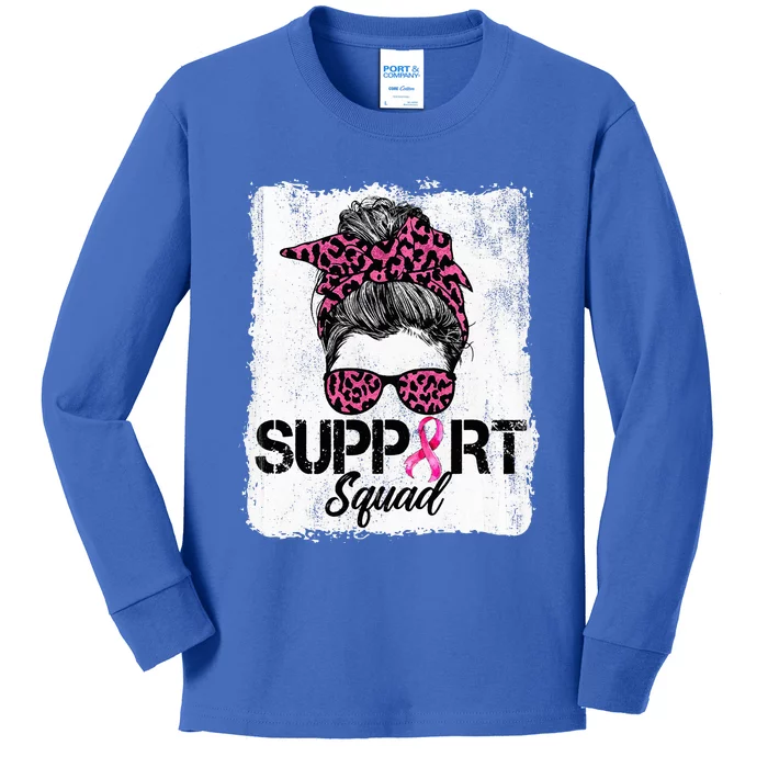 Support Squad Messy Bun Pink Warrior Breast Cancer Awareness Kids Long Sleeve Shirt