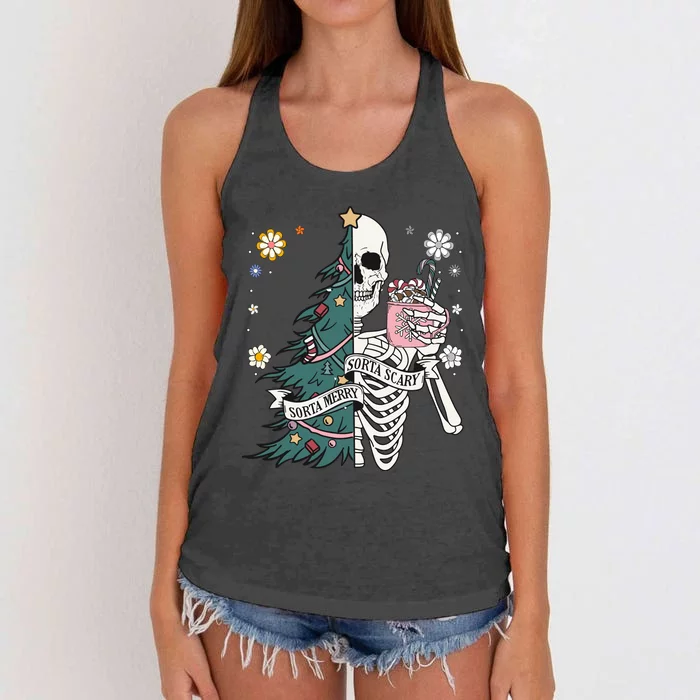 Sorta Scary Merry Sorta Christmas Skeleton Tree Santa Women's Knotted Racerback Tank