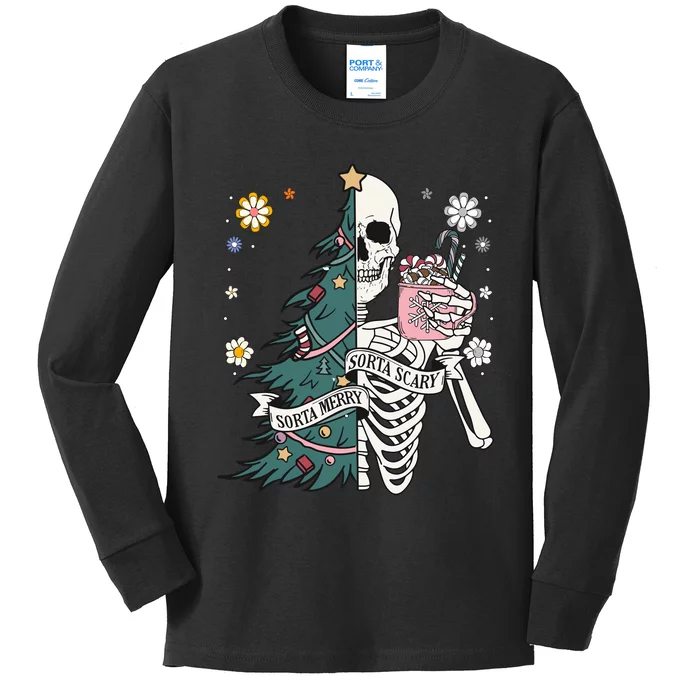 Sorta Scary Merry Sorta Christmas Skeleton Tree Santa Kids Long Sleeve Shirt