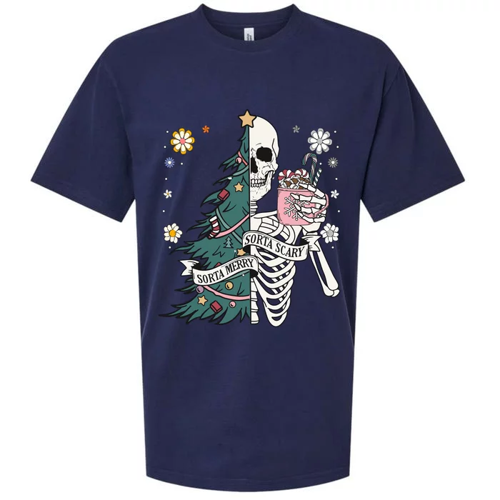 Sorta Scary Merry Sorta Christmas Skeleton Tree Santa Sueded Cloud Jersey T-Shirt