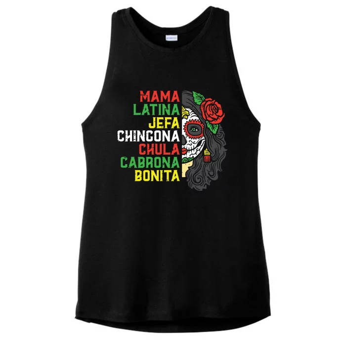 Sugar Skull Mama Latina Dia De Los Muertos Mexican Halloween Ladies Tri-Blend Wicking Tank