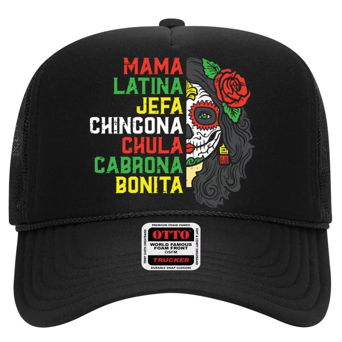 Sugar Skull Mama Latina Dia De Los Muertos Mexican Halloween High Crown Mesh Trucker Hat