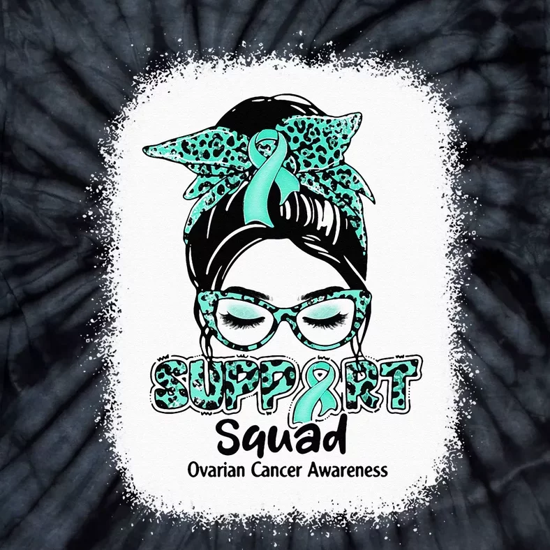 Support Squad Messy Bun Teal Ribbon Ovarian Cancer Awareness Tie-Dye T-Shirt