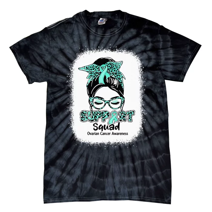 Support Squad Messy Bun Teal Ribbon Ovarian Cancer Awareness Tie-Dye T-Shirt