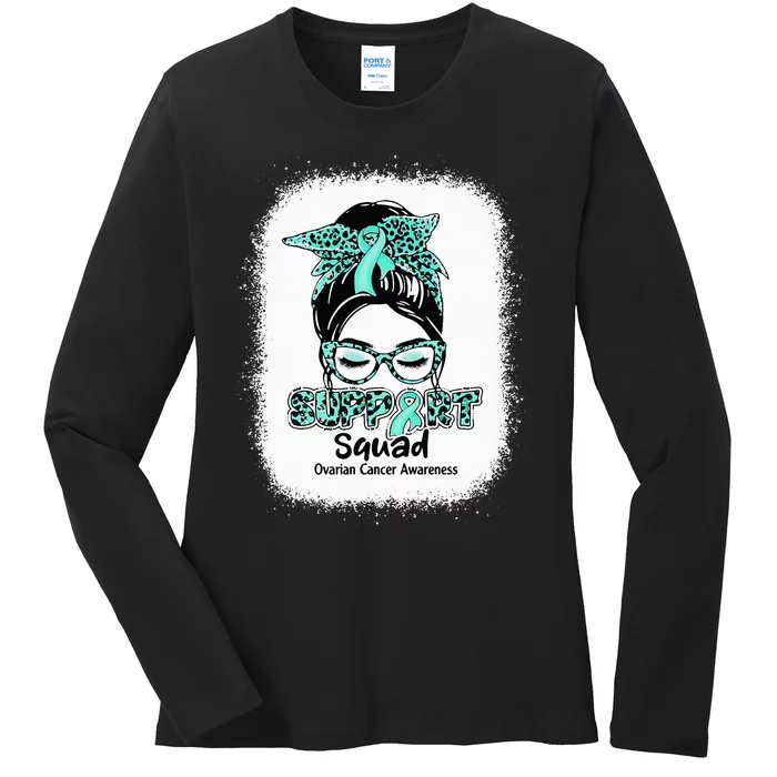 Support Squad Messy Bun Teal Ribbon Ovarian Cancer Awareness Ladies Long Sleeve Shirt