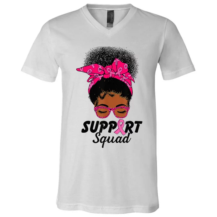 Support Squad Messy Bun Pink Warrior Breast Cancer Awareness V-Neck T-Shirt