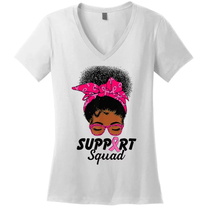 Support Squad Messy Bun Pink Warrior Breast Cancer Awareness Women's V-Neck T-Shirt